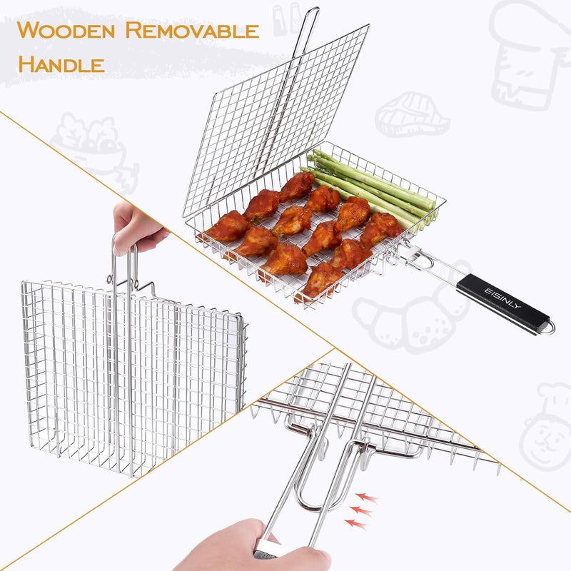 Eisinly Portable Grill Basket, BBQ Grilling Basket for Outdoor Grill with Removable Handle, Stainless Steel Camping Cooking Grill Accessories for Chicken Fish Vegetable - Image 4